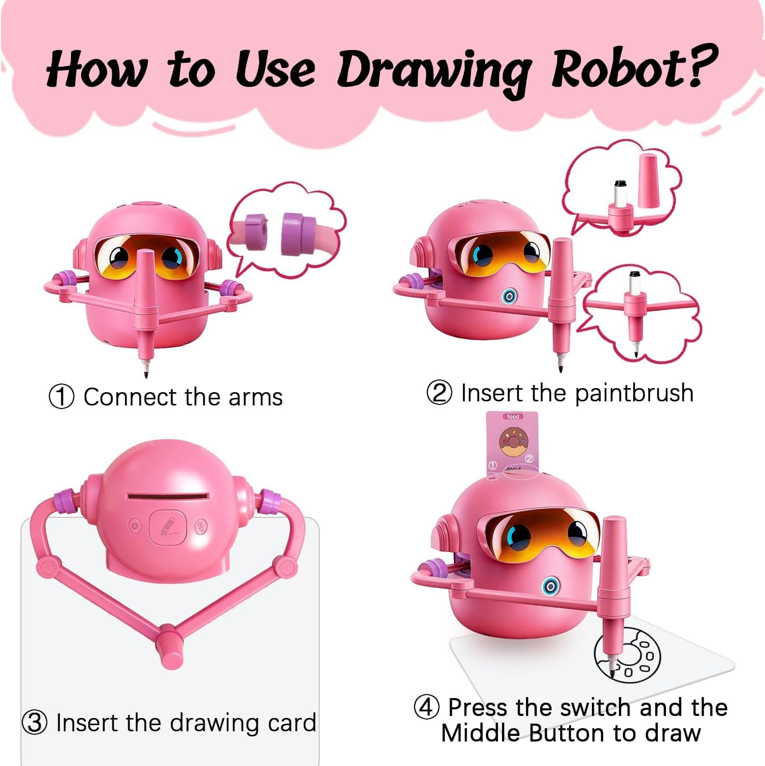 Drawing Robot for Kids with 100 Cards, 12 Colorful Pens & 4 Paintbrushes Montessori Painting Toys for 3-12 Years Old, Voice Read Early Learning Educational Gift for Boys & Girls