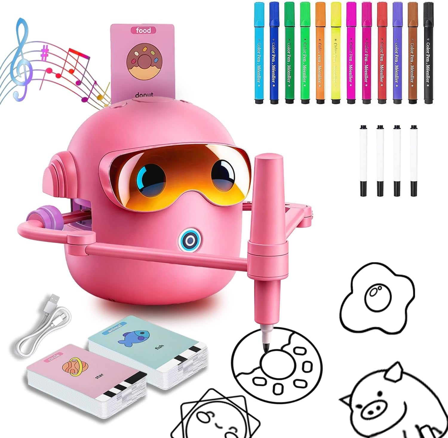 Drawing Robot for Kids with 100 Cards, 12 Colorful Pens & 4 Paintbrushes Montessori Painting Toys for 3-12 Years Old, Voice Read Early Learning Educational Gift for Boys & Girls