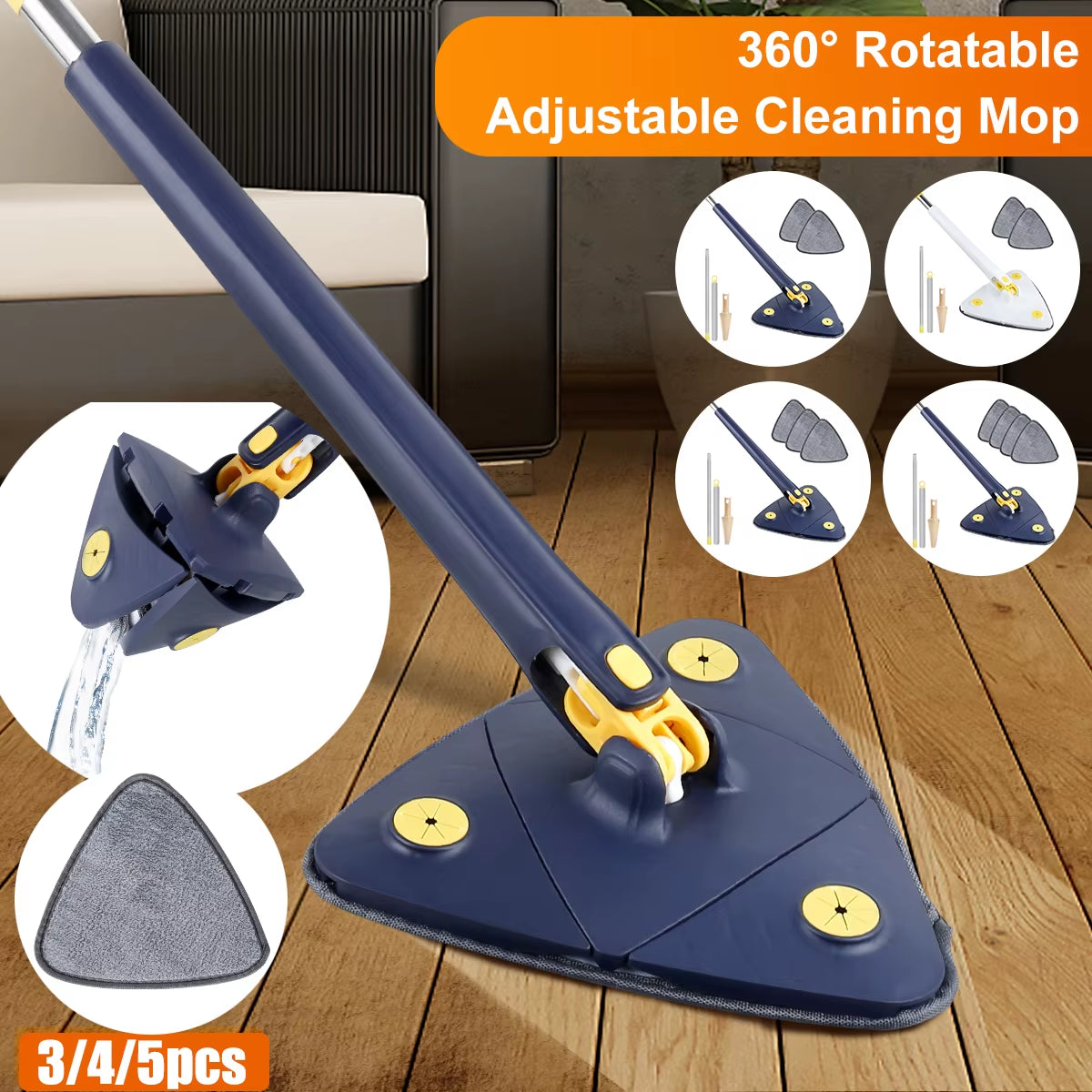 Telescopic Triangle Mop 360° Rotatable Self-Wringing Triangle Extended Adjustable Mop Floor Squeeze Free Hand Washing Lazy Tool