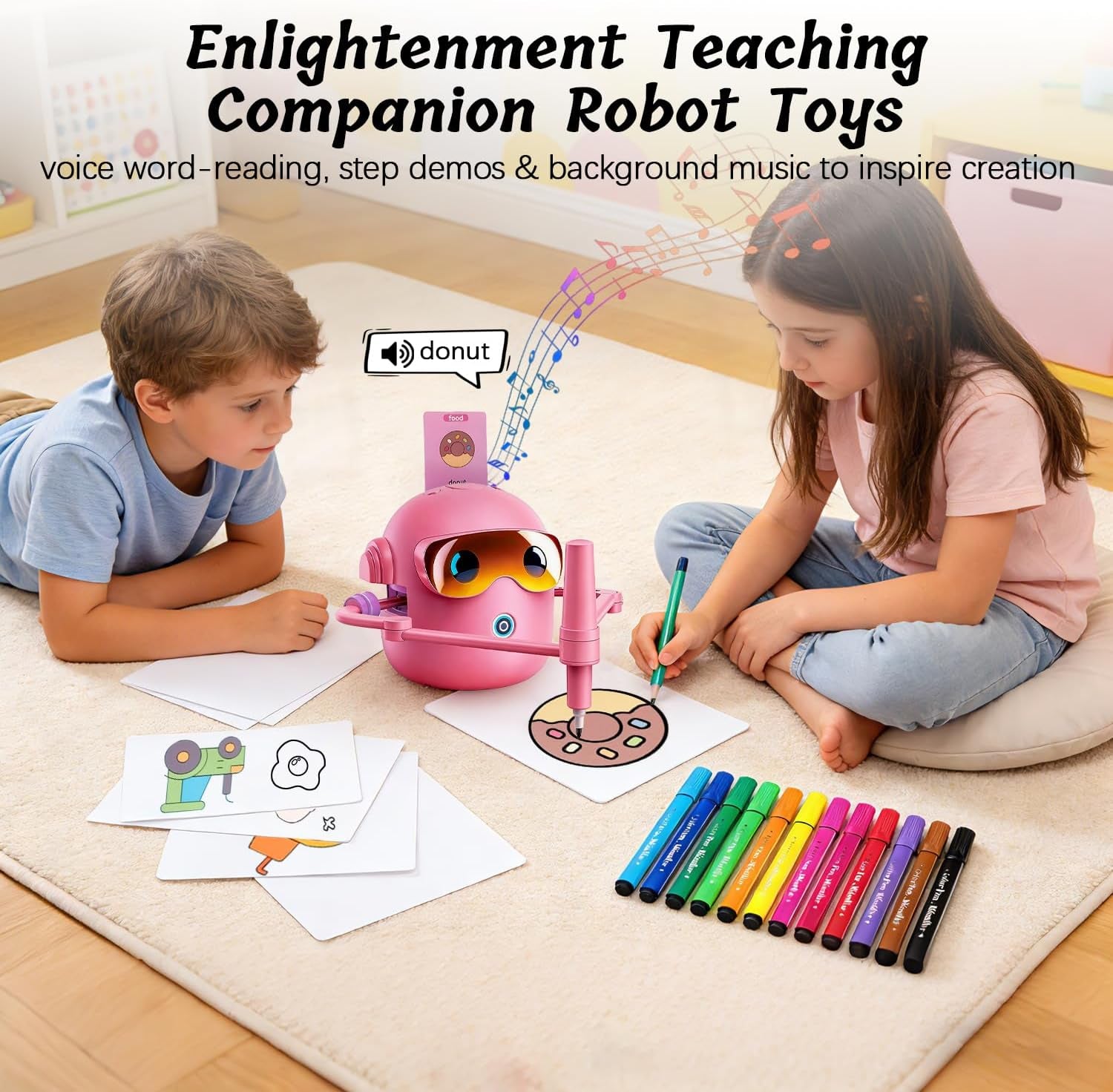 Drawing Robot for Kids with 100 Cards, 12 Colorful Pens & 4 Paintbrushes Montessori Painting Toys for 3-12 Years Old, Voice Read Early Learning Educational Gift for Boys & Girls